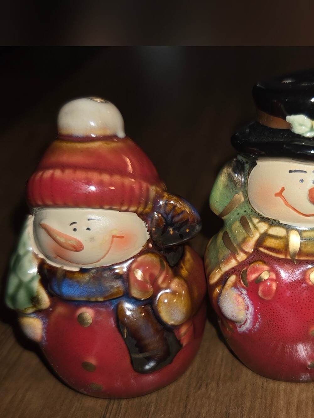 Vintage Holiday Ceramic Snowman Salt And Pepper Shaker Set - Red and Black